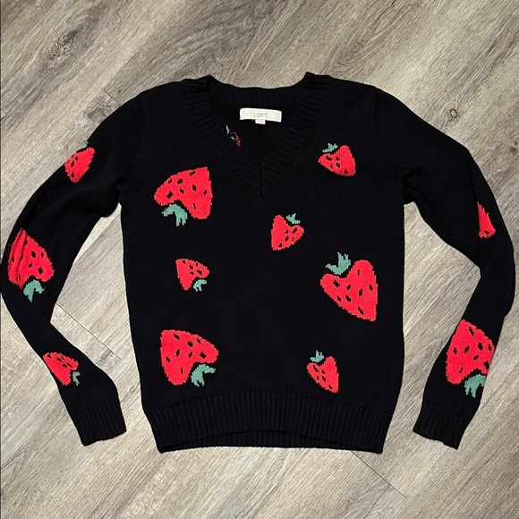 LOFT Sweaters - LOFT V-Neck knitted Sweater Navy blue with Red Strawberry Pattern
